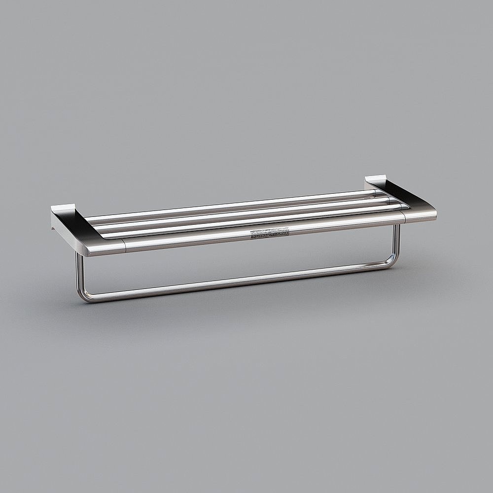 Modern silver metal bathroom towel rack with shelf on grey background