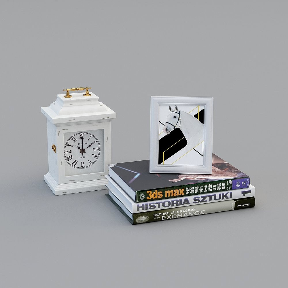 White table clock and photo frame on stack of books with grey background