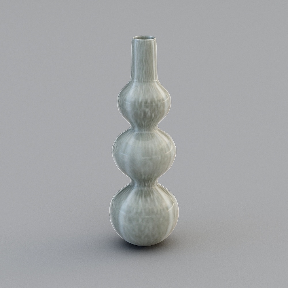 Tall light grey ceramic vase with three round sections and narrow neck on grey background