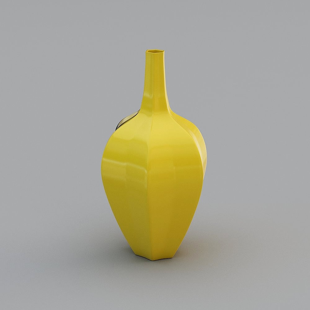 Modern yellow ceramic vase with long neck and geometric shape on grey background