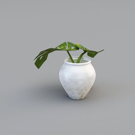 Vintage Flower Vase and Monstera 3D model