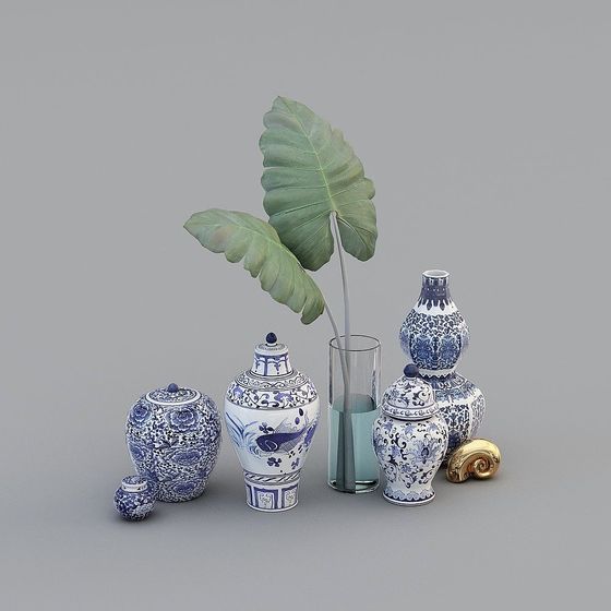 Elegant Blue-and-White Porcelain Jar 3D Model