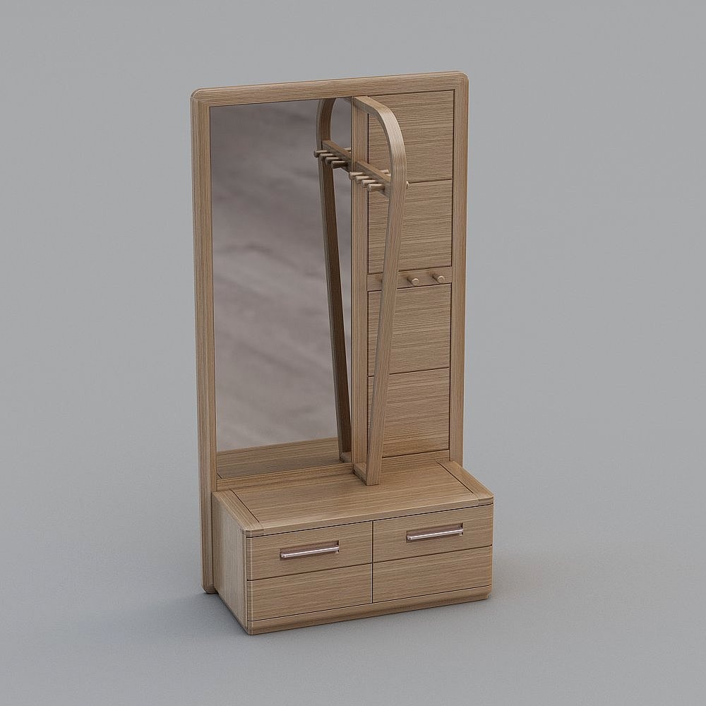 Modern light wood dressing table with mirror and drawers on grey background