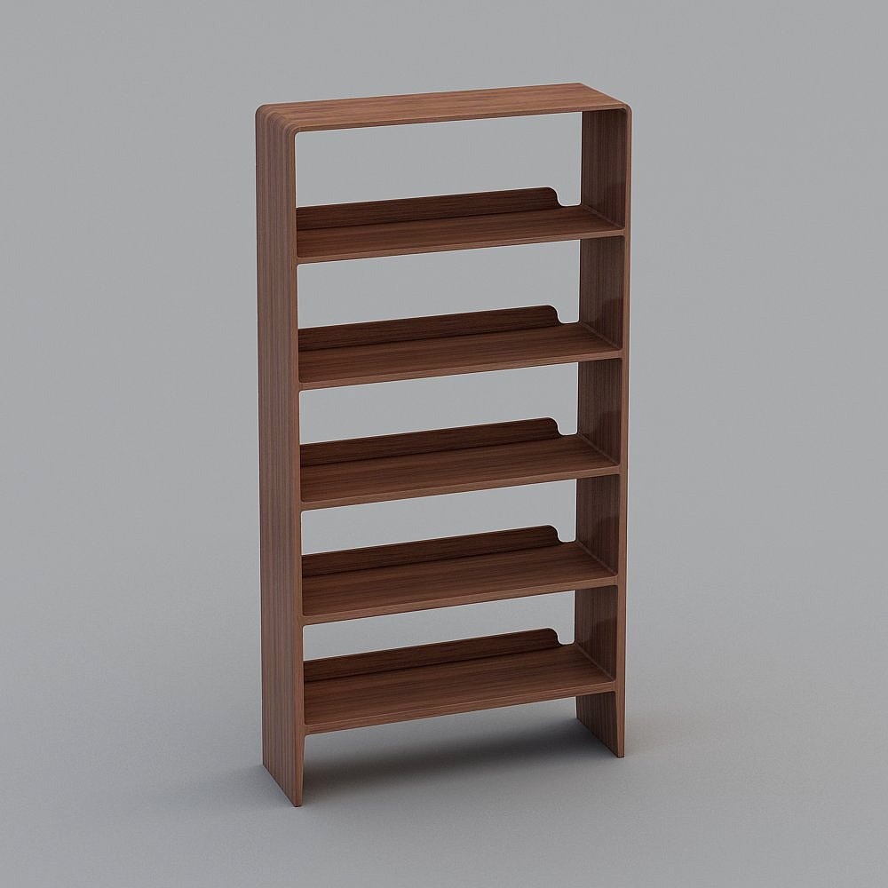 Modern brown wooden bookshelf with five open shelves and rounded edges on grey background