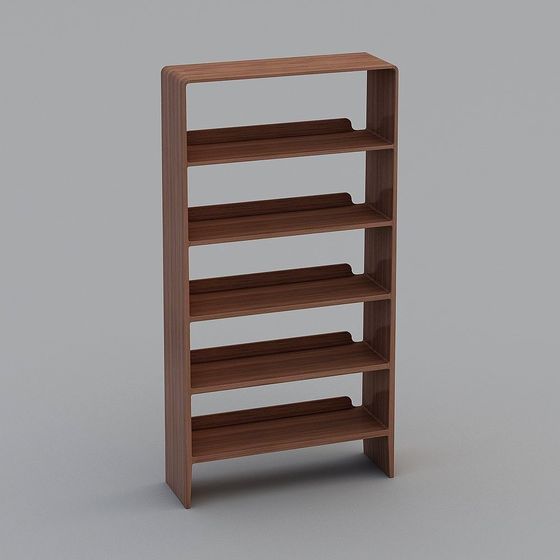Modern brown wooden bookshelf with five open shelves and rounded edges on grey background