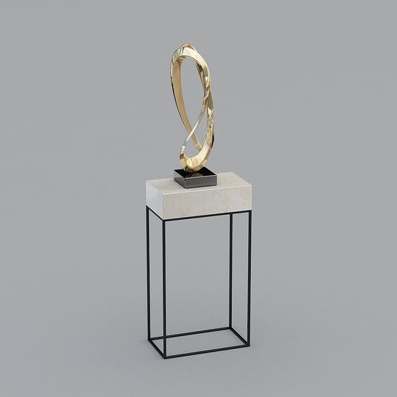Gold twisted metal sculpture on white marble top black metal stand on grey background
