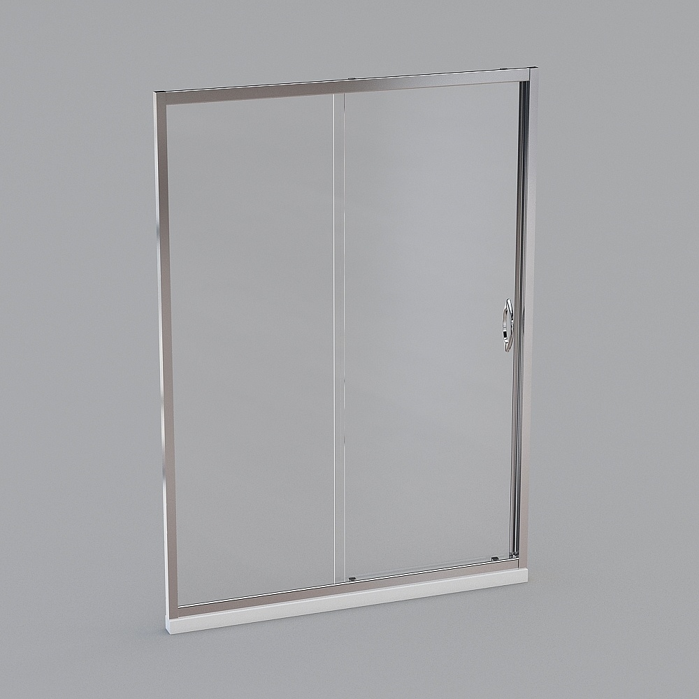 Modern sliding glass shower door with silver frame and white base on grey background