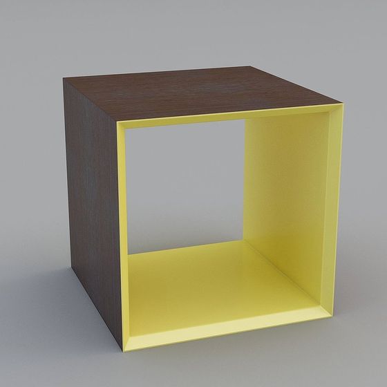 Modern square open box cabinet with brown wood top and yellow interior on grey background