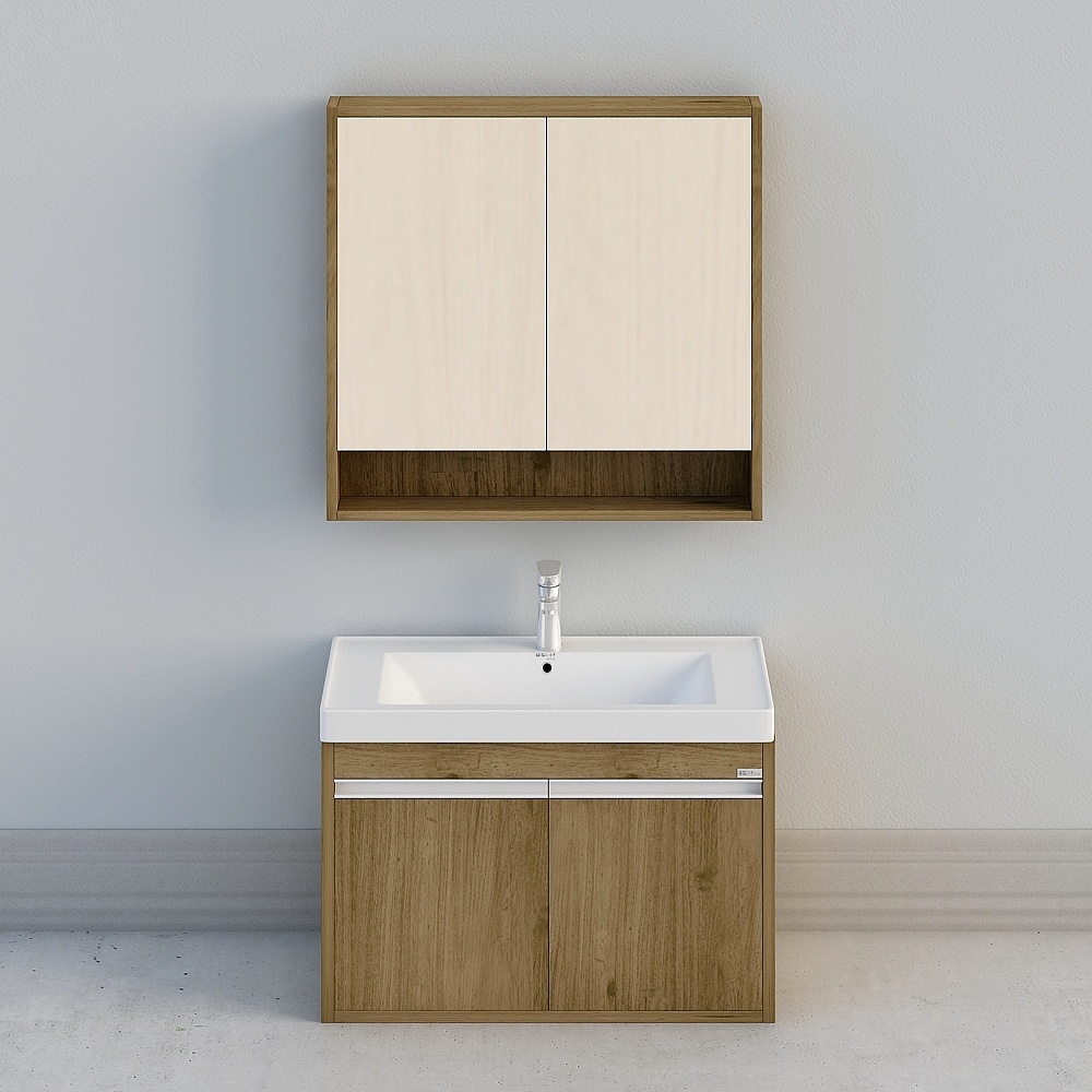 Modern bathroom vanity with wooden cabinet and white sink on grey background