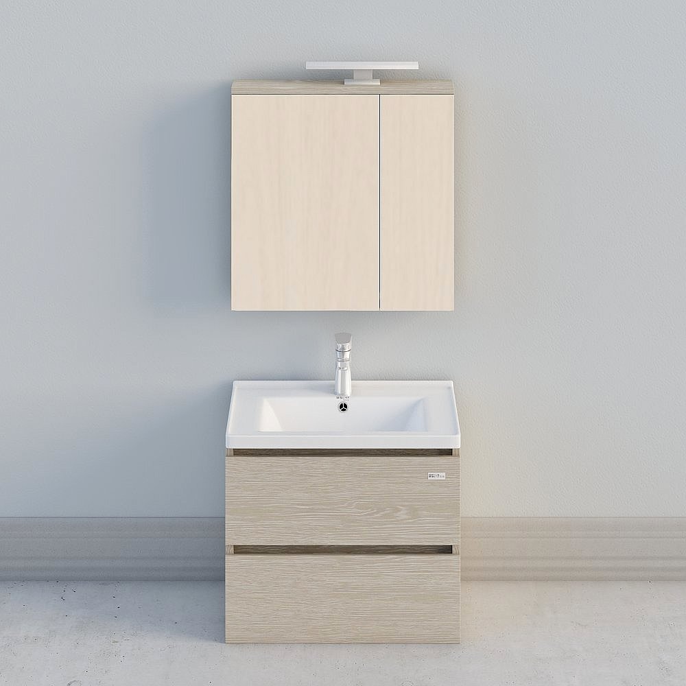Modern light wood bathroom vanity with white sink and silver faucet on grey background