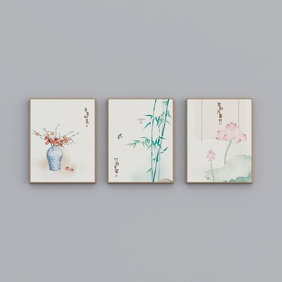 Harmonious Triptych 3D Model in Tranquil Eastern Aesthetics