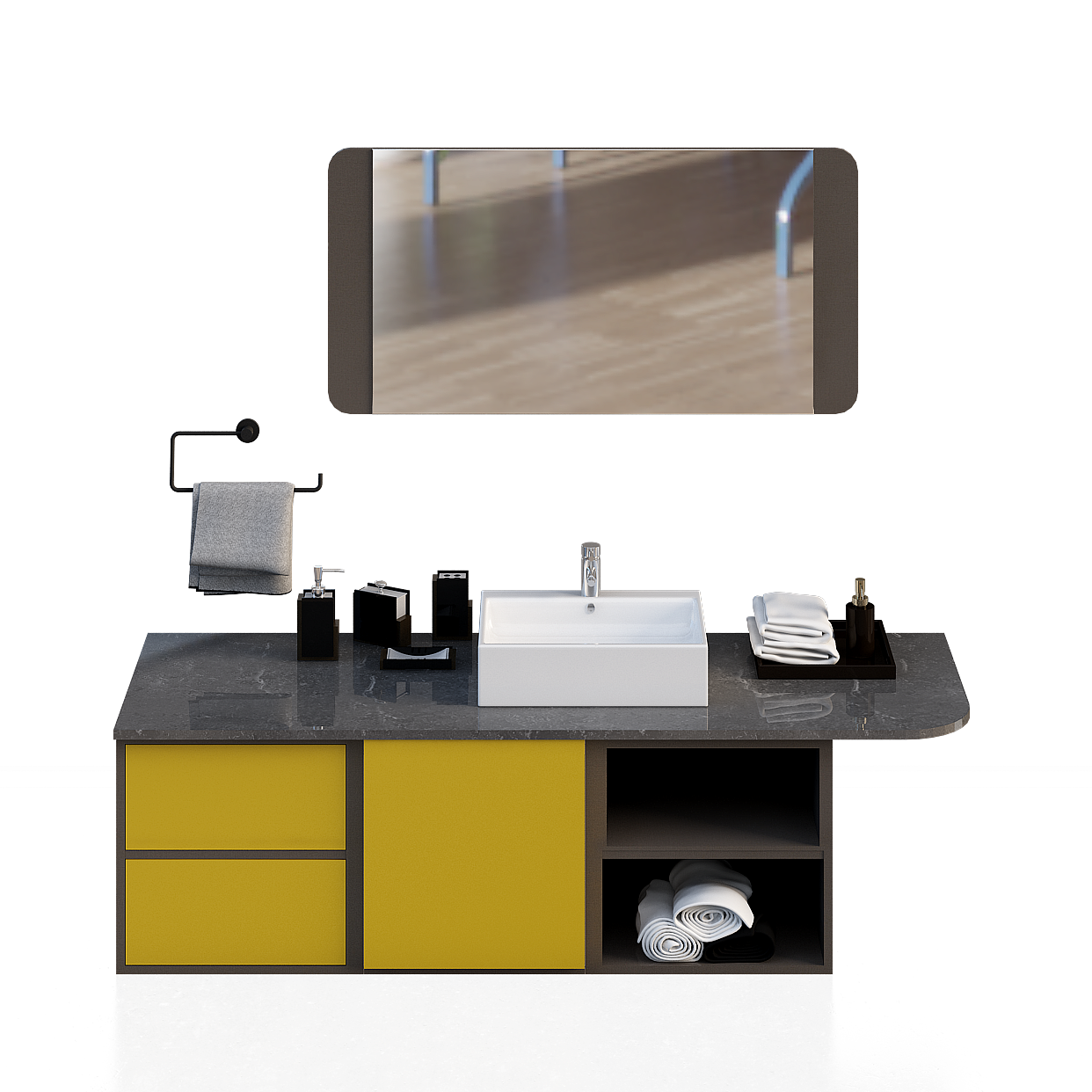 Modern Bathroom Vanity 3D Model with Yellow Drawers