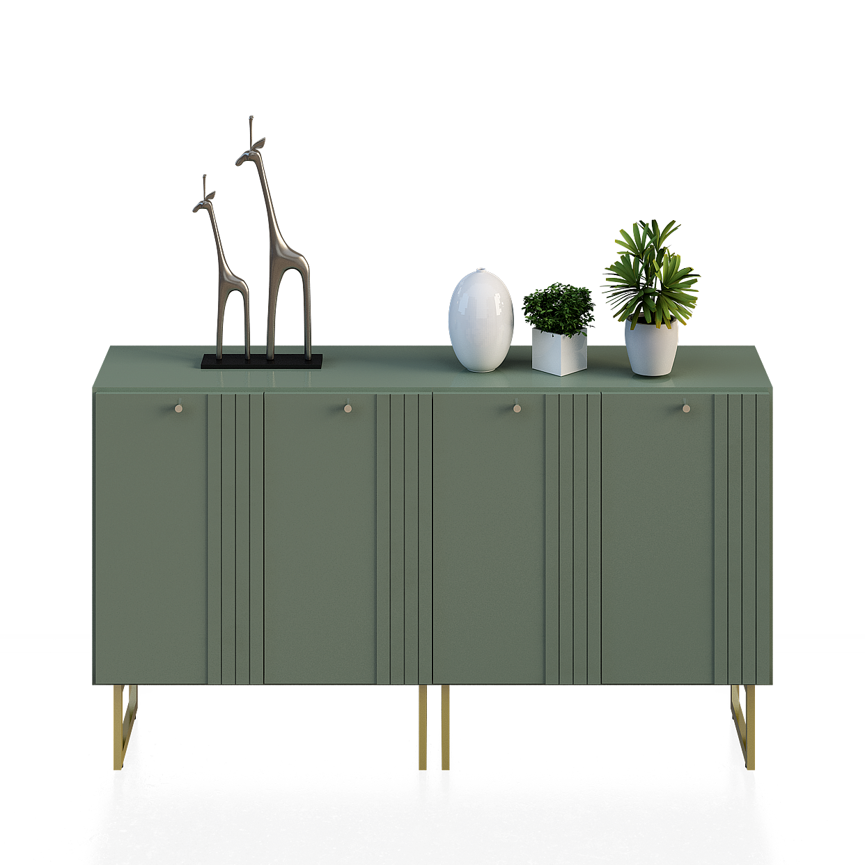 Mid-Century Sideboard 3D Model – Sage Green with Gold Accents