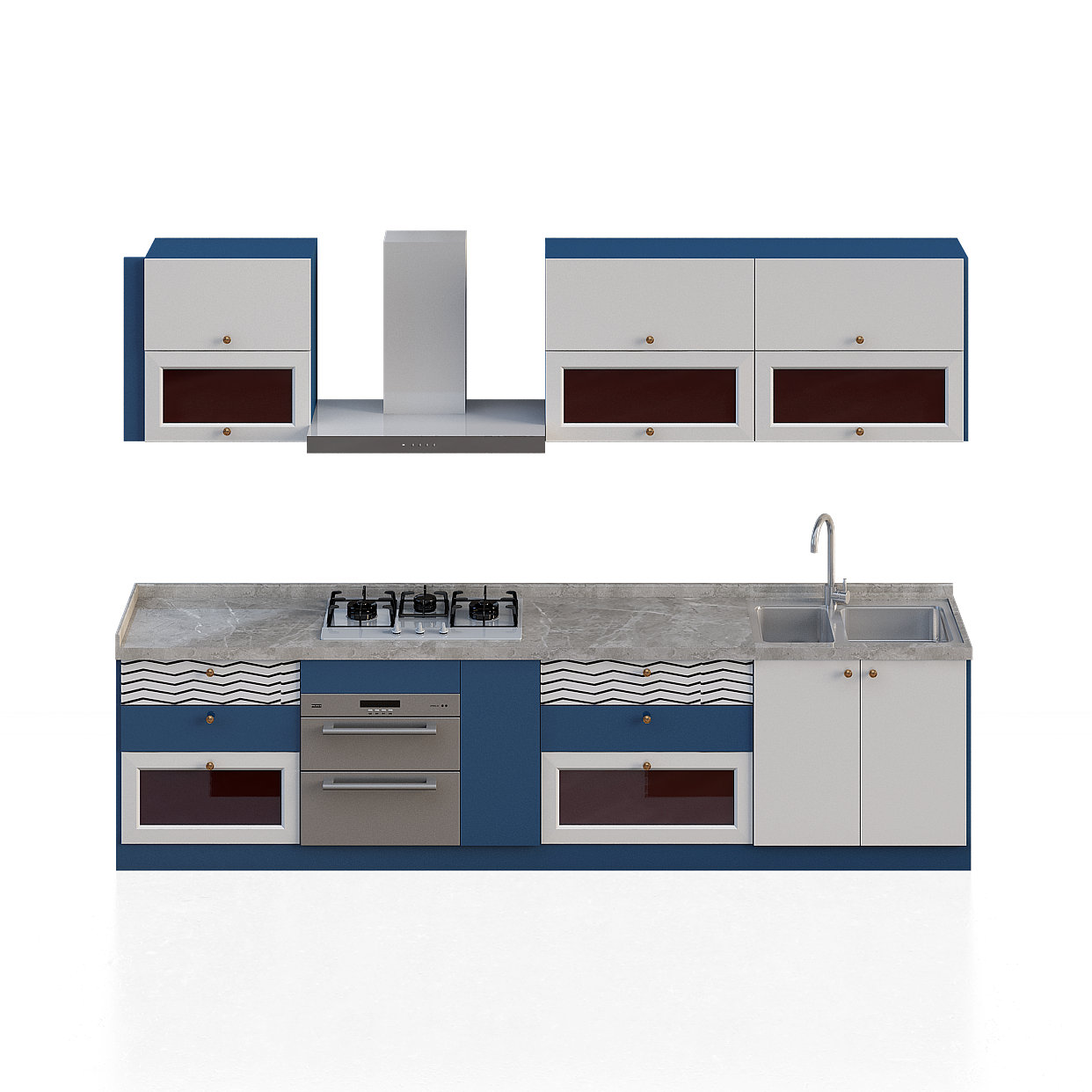 Modern Kitchen 3D Model with Blue Accents and Marble