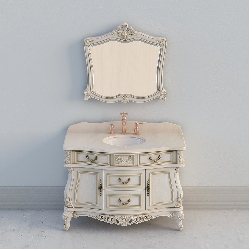 Vintage cream bathroom cabinet with marble top and gold faucet on grey background