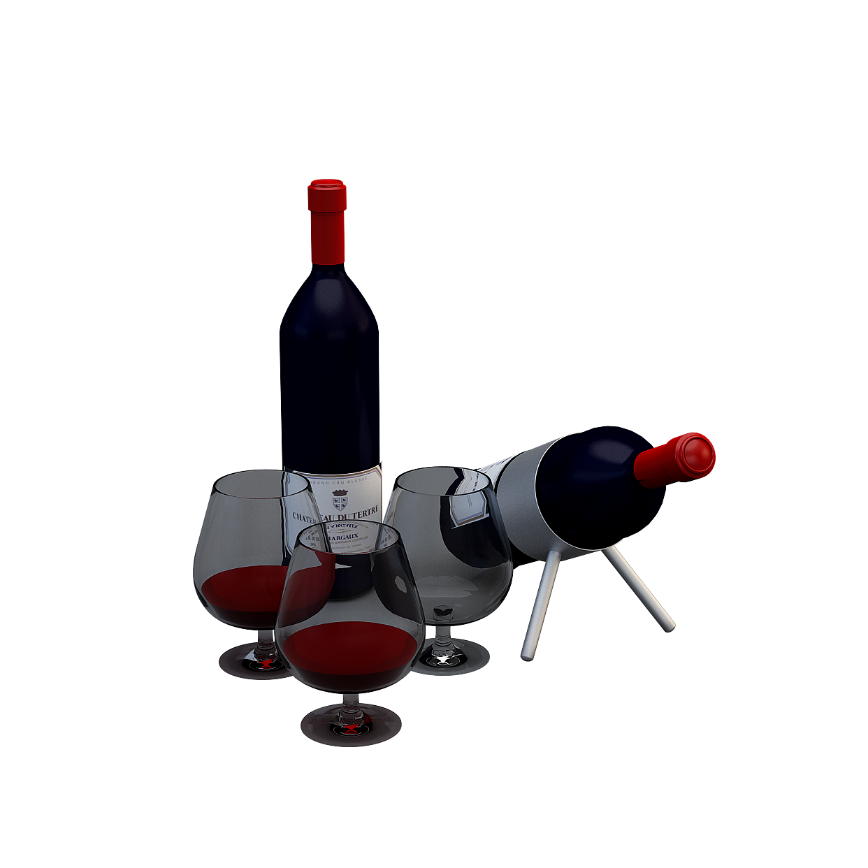 Elegant Wine Set 3D Model – Detailed Bottles & Glasses