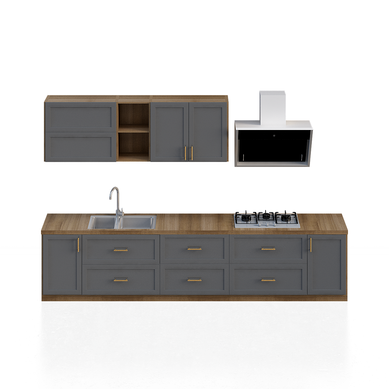 Modern Minimalist Kitchen Cabinet 3D Model – Gray & Wood