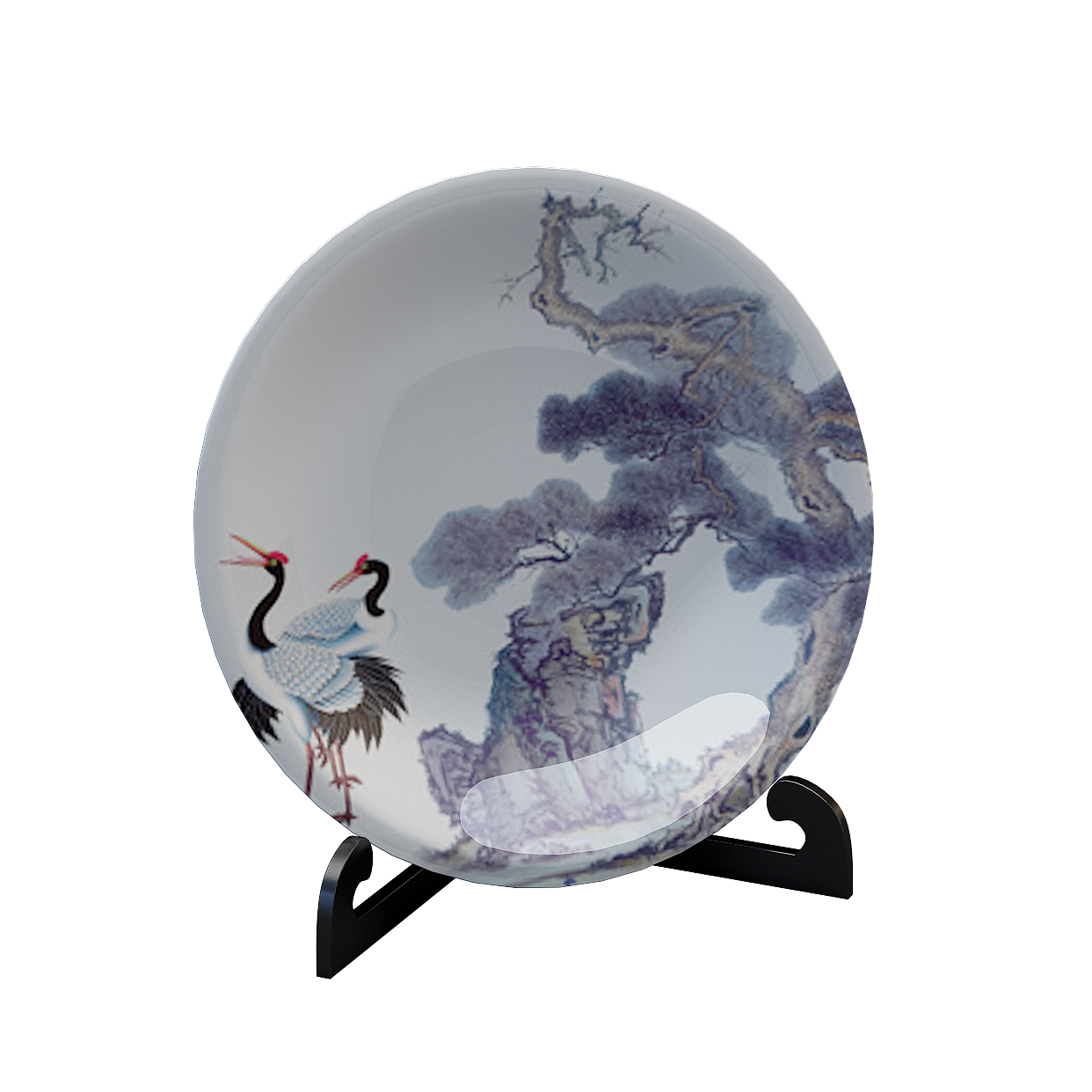 Ink-Wash Crane Plate 3D Model – Eastern Ink-Wash Design