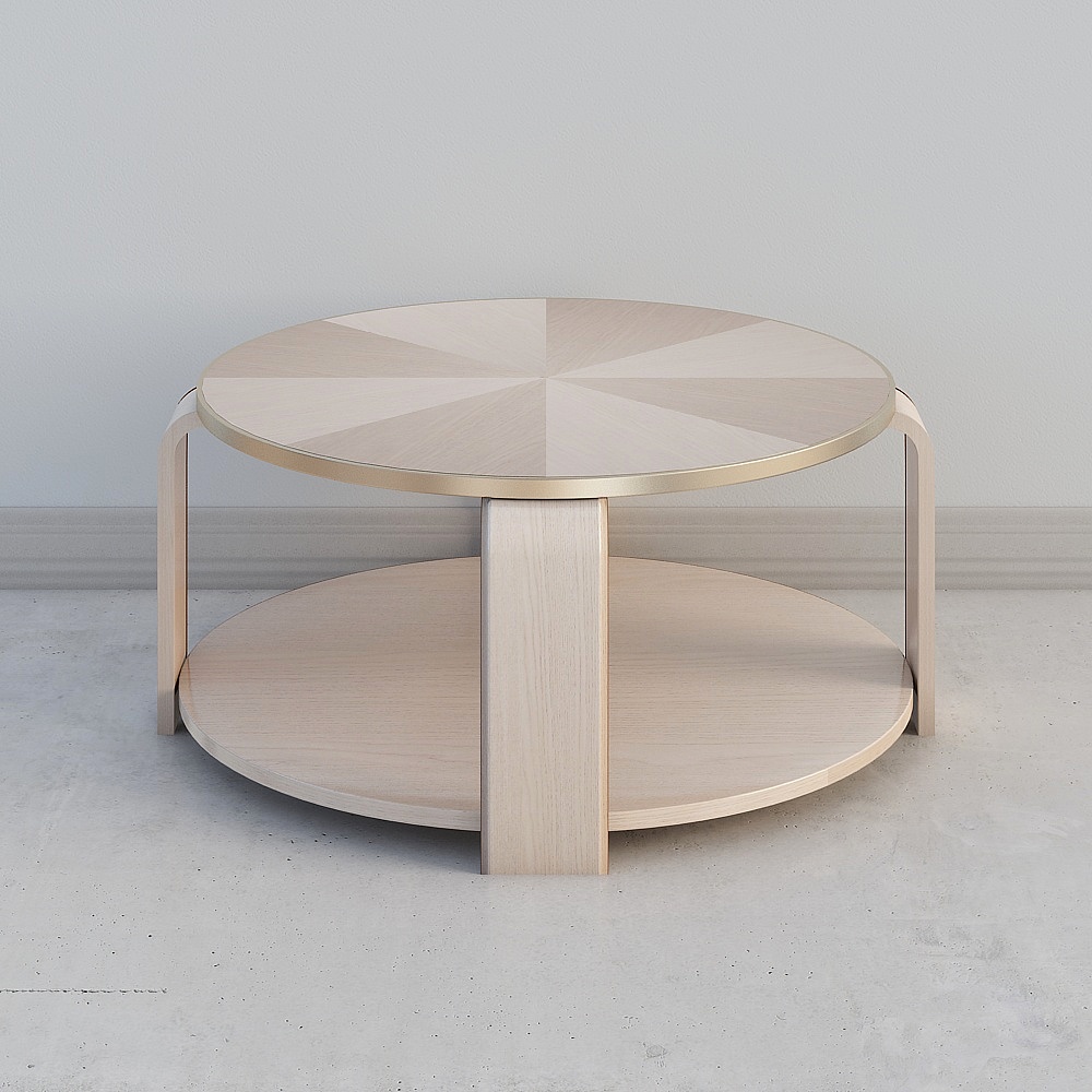 Round coffee table with light wood star top and gold edge on grey background