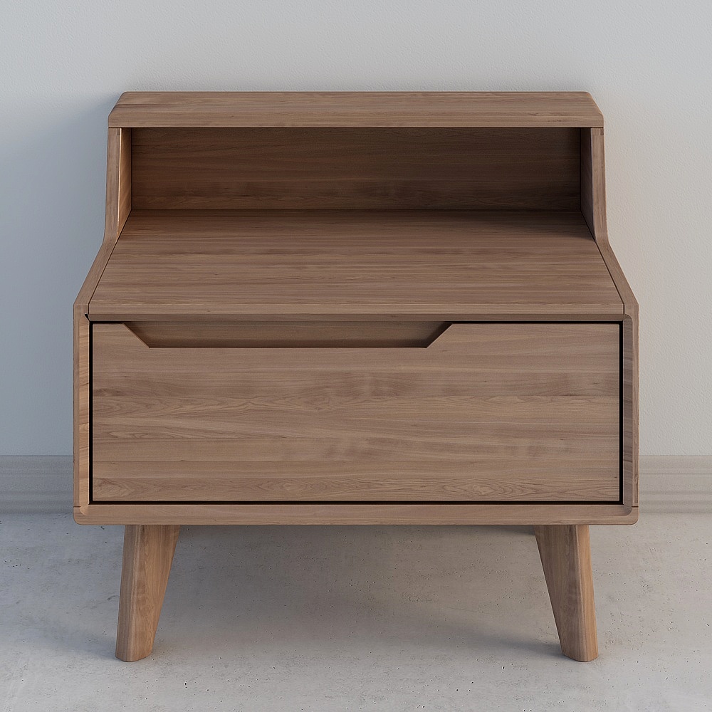 Modern walnut wood bedside table with one drawer and open shelf on white background
