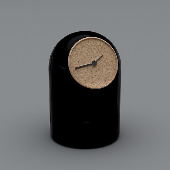 Modern black glossy table clock with round cork face and black hands on grey background