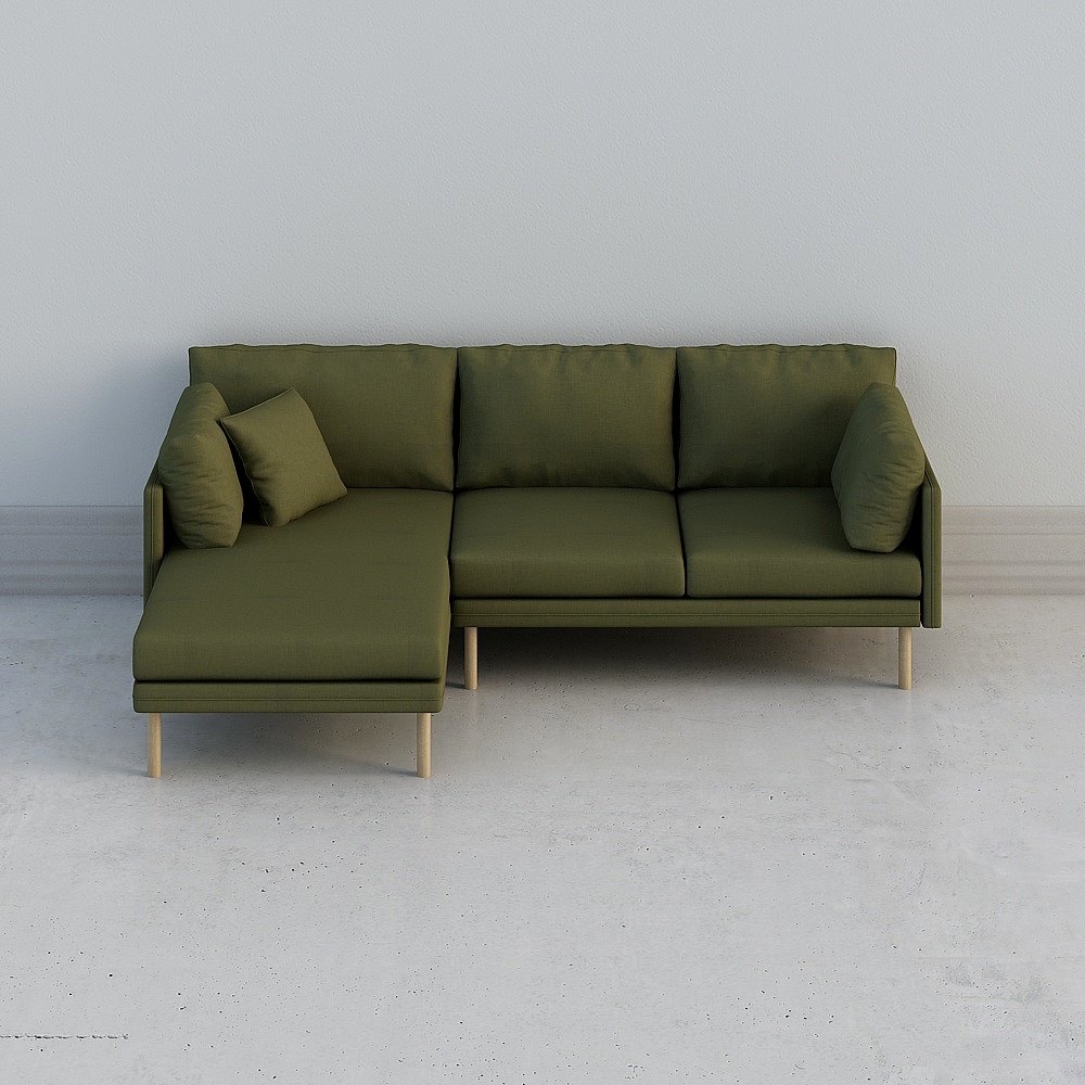 Modern green fabric sectional sofa with wooden legs and throw pillows on white background