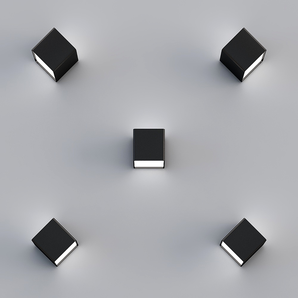 Five black square wall lights with bright white light strips on grey background