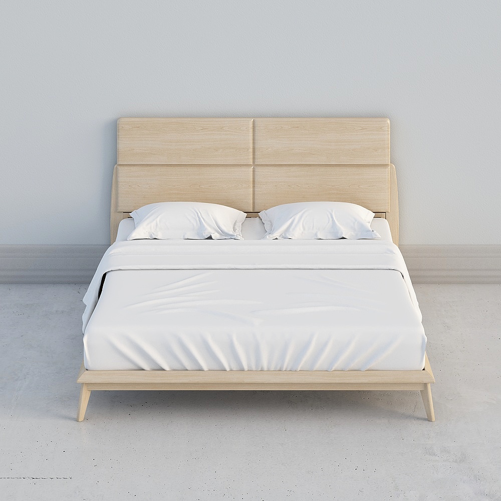 Modern light wood bed with white bedding and grey wall background