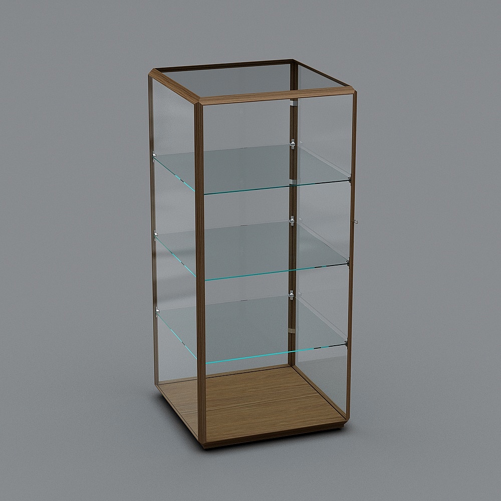 Tall display cabinet with wood frame and glass shelves on grey background