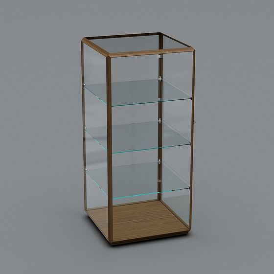 Tall display cabinet with wood frame and glass shelves on grey background