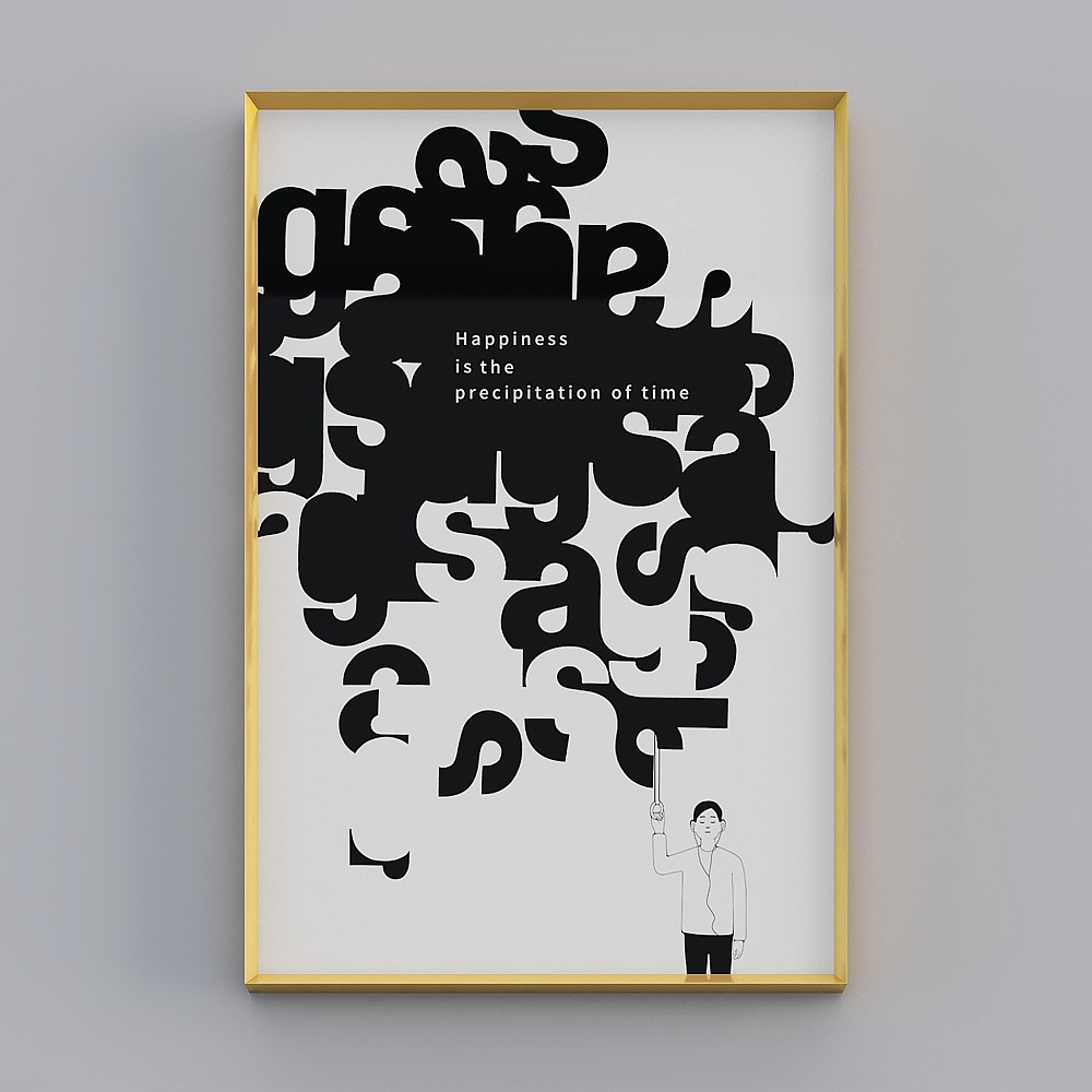 Kippoon modern living room single vertical brushed gold frame black and white letter 40x60cm black and white letter decoration painting vrgz-jc-2