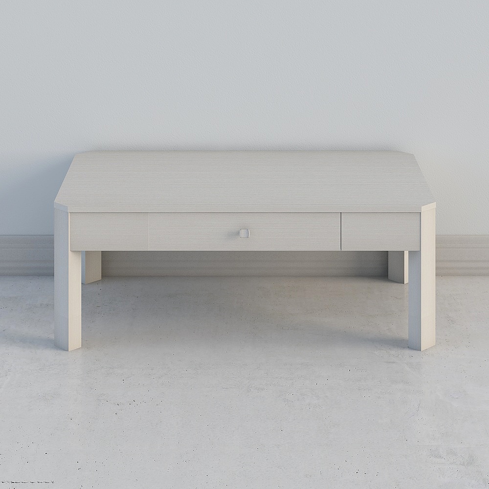 Modern light grey wood coffee table with two drawers and silver handle on white background