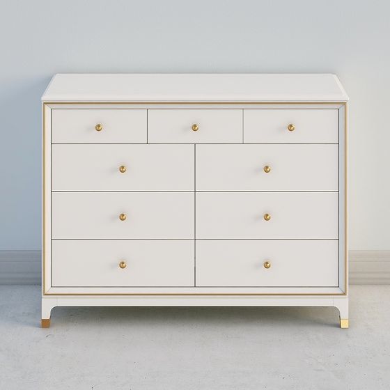 Modern white wooden dresser with gold trim and nine drawers on light grey background