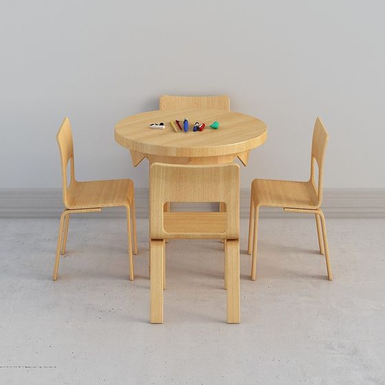 Wooden Round Table and Chair Set 3D model