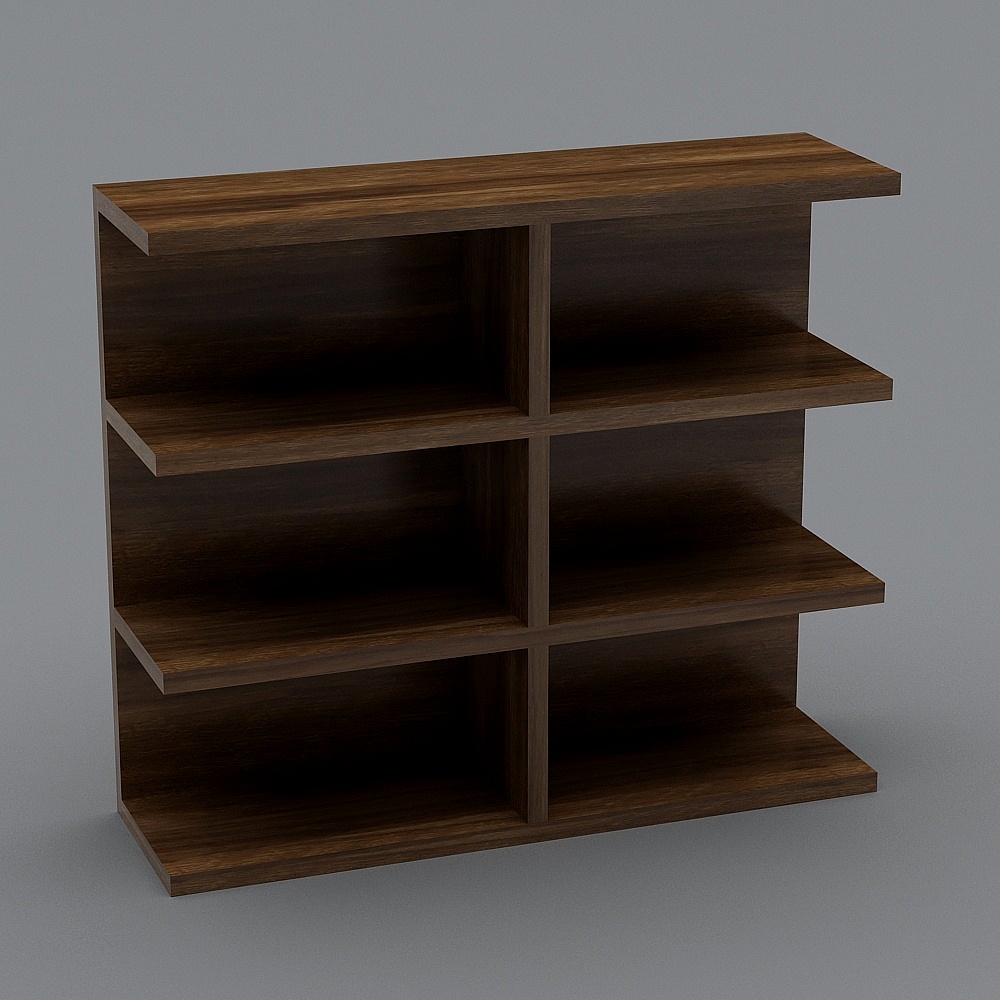 Modern dark brown wooden bookshelf with eight shelves on grey background