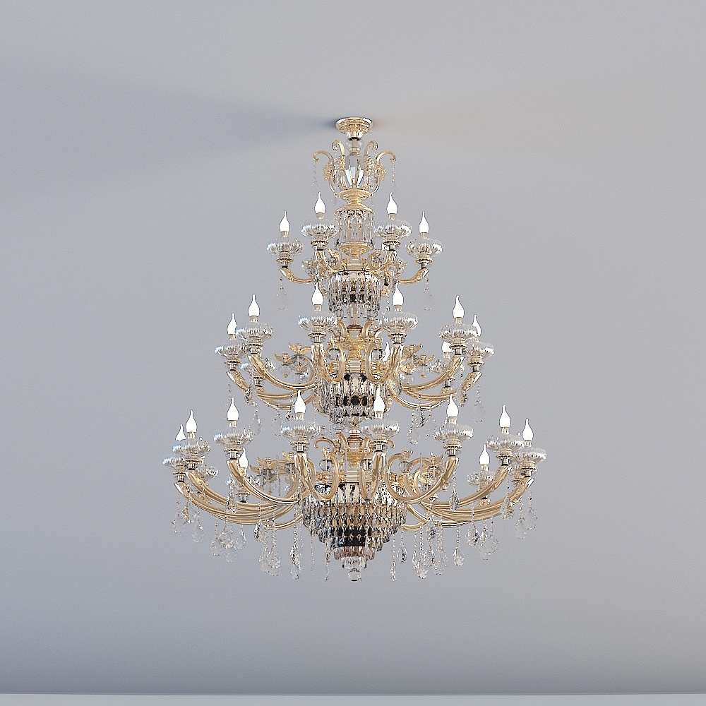 Large gold ceiling light with crystal drops and white bulbs on grey background