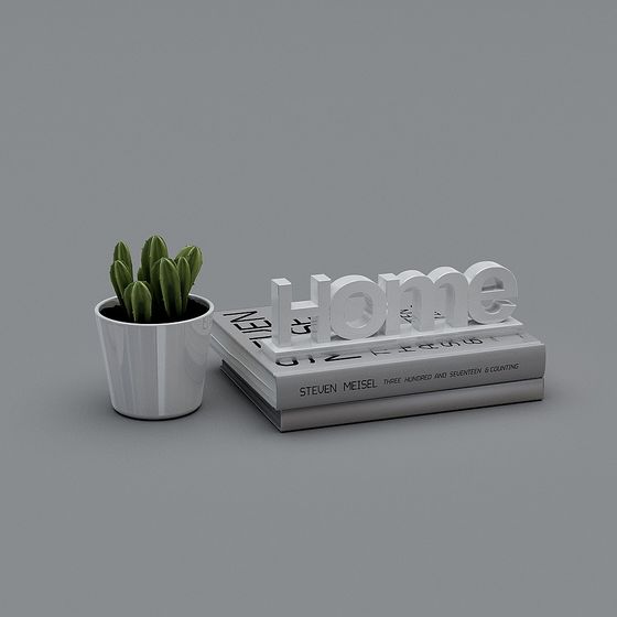 White home sign on book stack with cactus in white pot on grey background