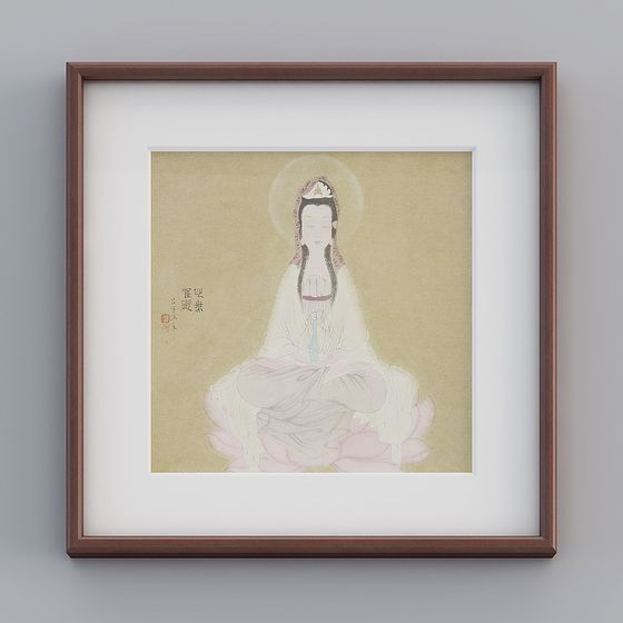 マホガニー無垢材フレームの片面シェル、中国の吊り下げ絵画付き（53x53cm）