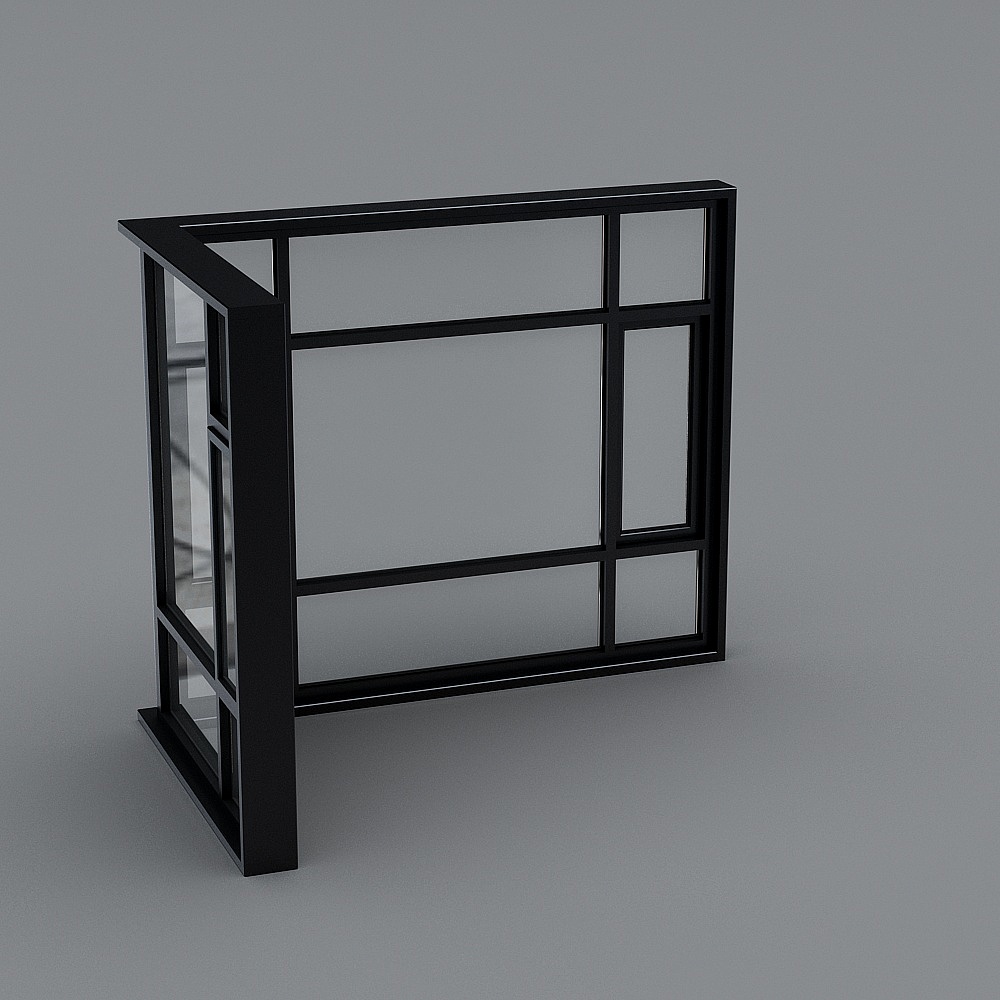 Modern black metal framed glass shower enclosure with clear panels on grey background