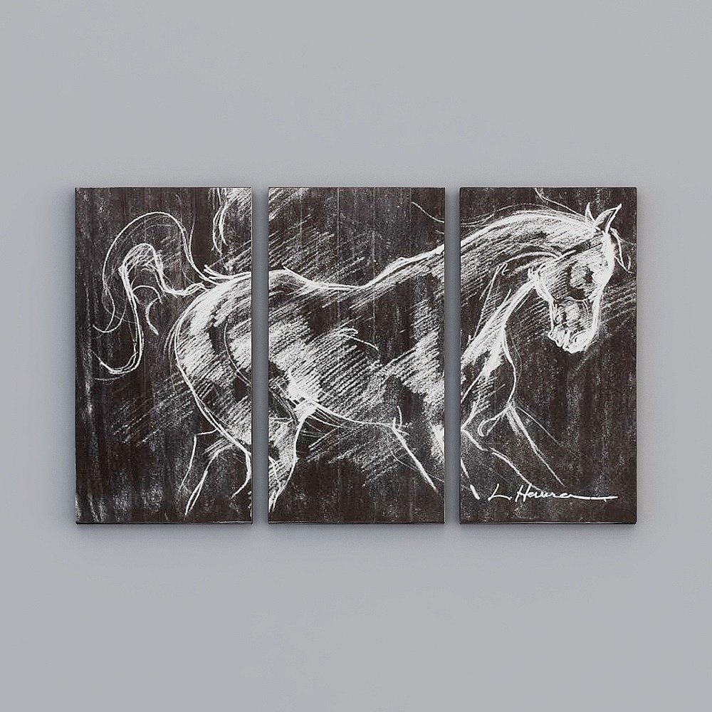 Three piece black and white horse wall art with sketch style on grey background