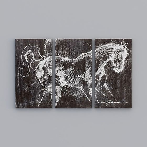 Three piece black and white horse wall art with sketch style on grey background