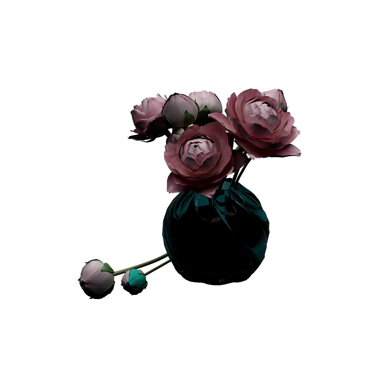Glass Vase with Roses 3D Model – Translucent Green Glass