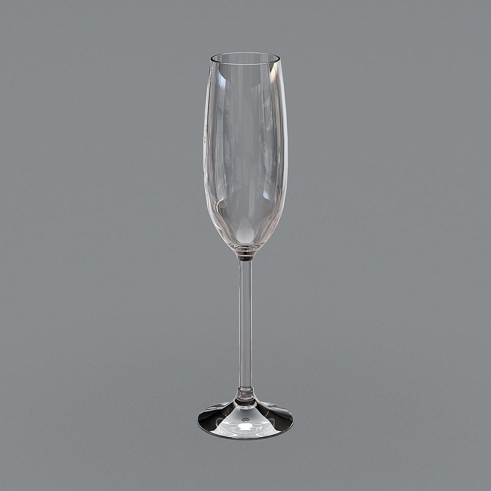Clear glass champagne flute with long stem and round base on grey background
