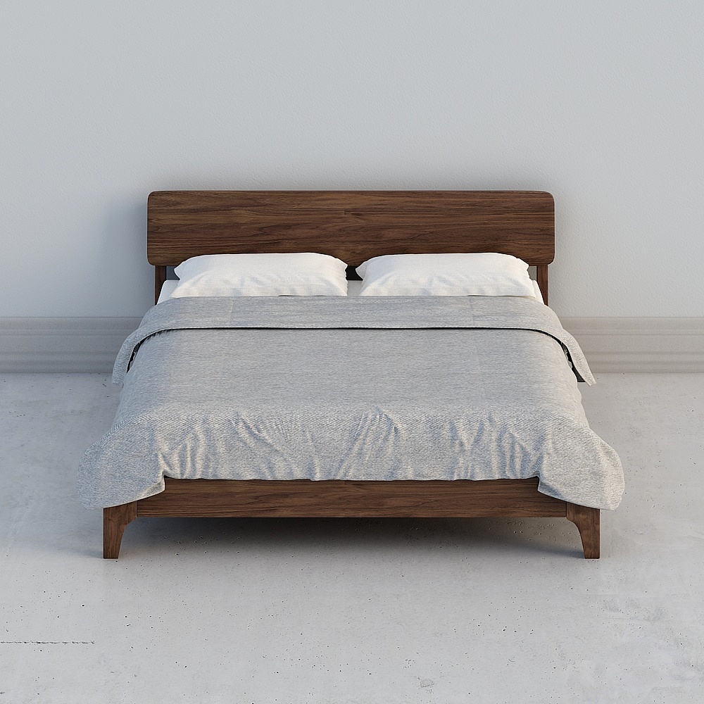 Modern dark wood bed with grey blanket and white pillows on light grey background