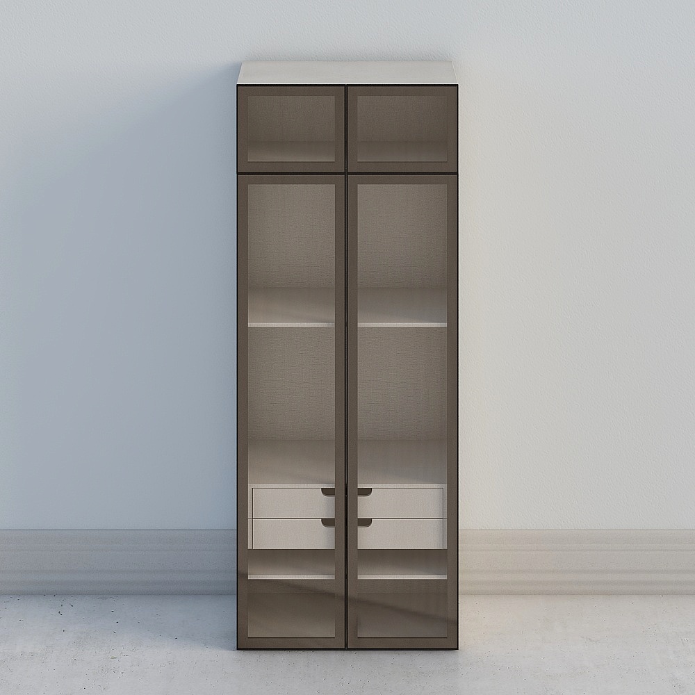 Modern tall brown glass cabinet with white drawers and shelves on grey background