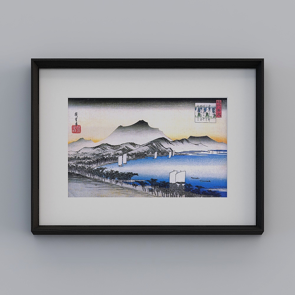 キバキ日本画 シングルリンク 横型 黒 無垢材 フレーム「川の近く八景」47x57cm 浮世絵