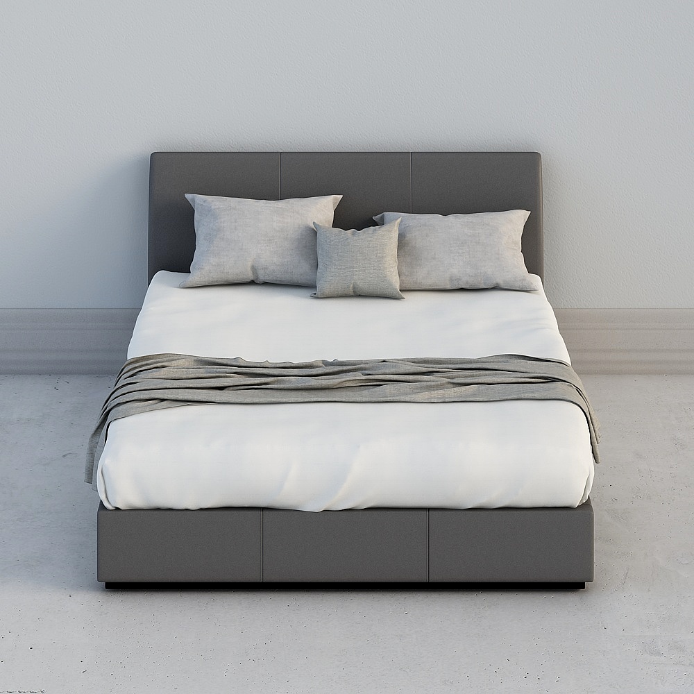 Modern dark grey upholstered bed with white bedding and pillows on light grey background