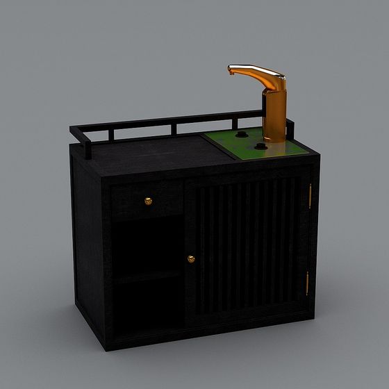 Sleek Bathroom Vanity 3D model with Black and Golden Finish