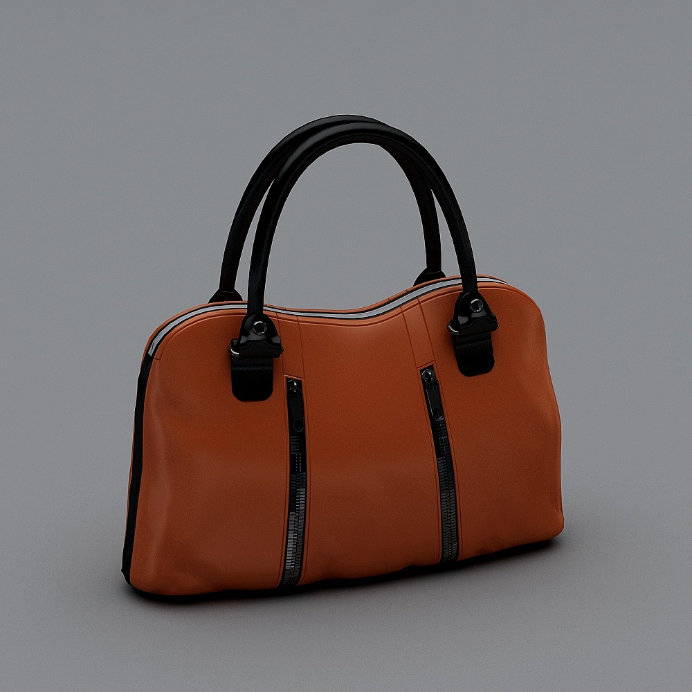 Orange leather travel bag with black handles and zippers on grey background