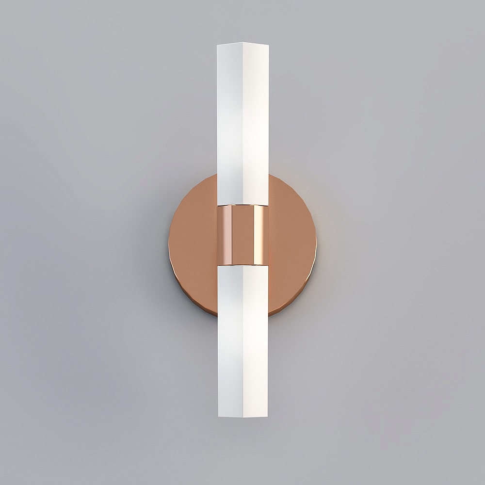 Modern wall light with copper base and white glass tubes on grey background